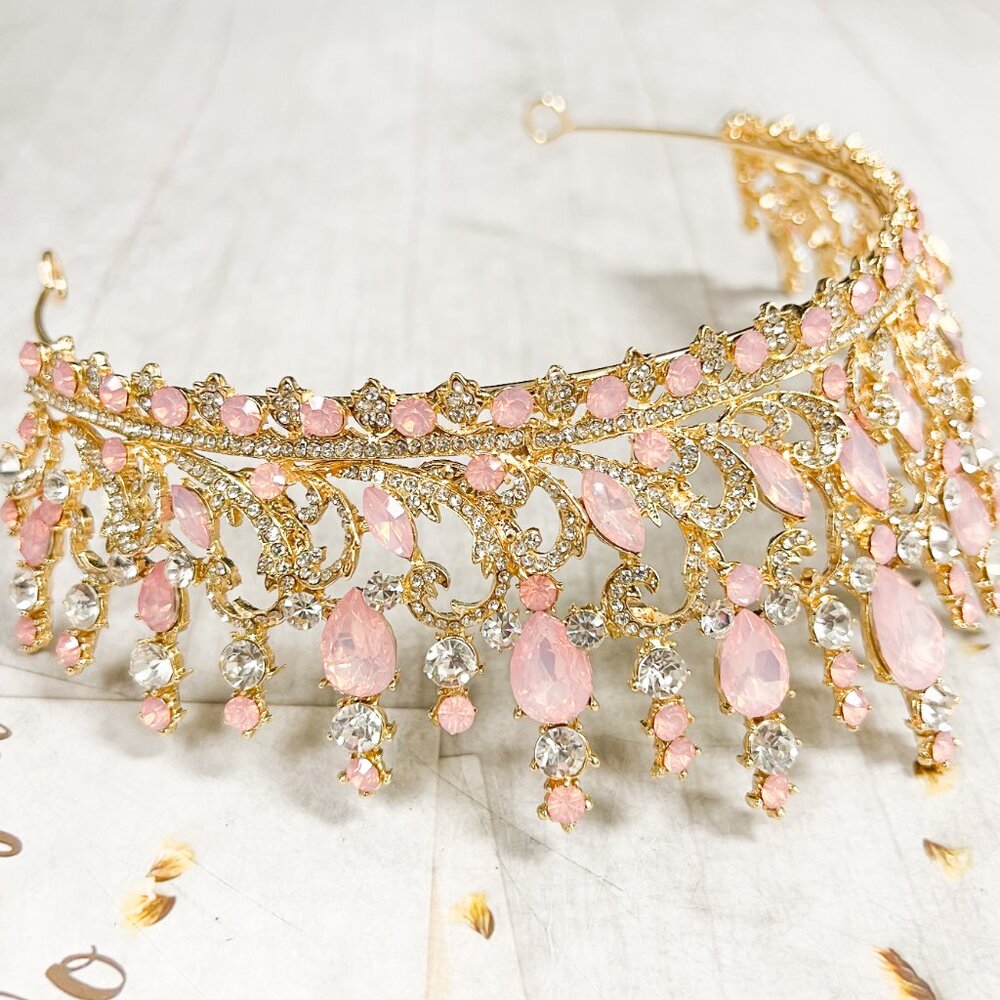 Pink and Gold Crystal Tiara Wedding Princess Gemstone Crown Adult women’s queen - Picture 8 of 11